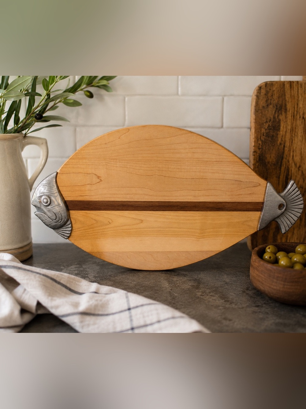 Hammett Woodcrafts Fish-Shaped Gourmet Cutting & Serving Board w Pewter Handles